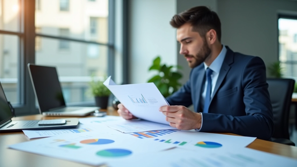 Personne en costume travaillant à un bureau avec rapports économiques et graphiques imprimés