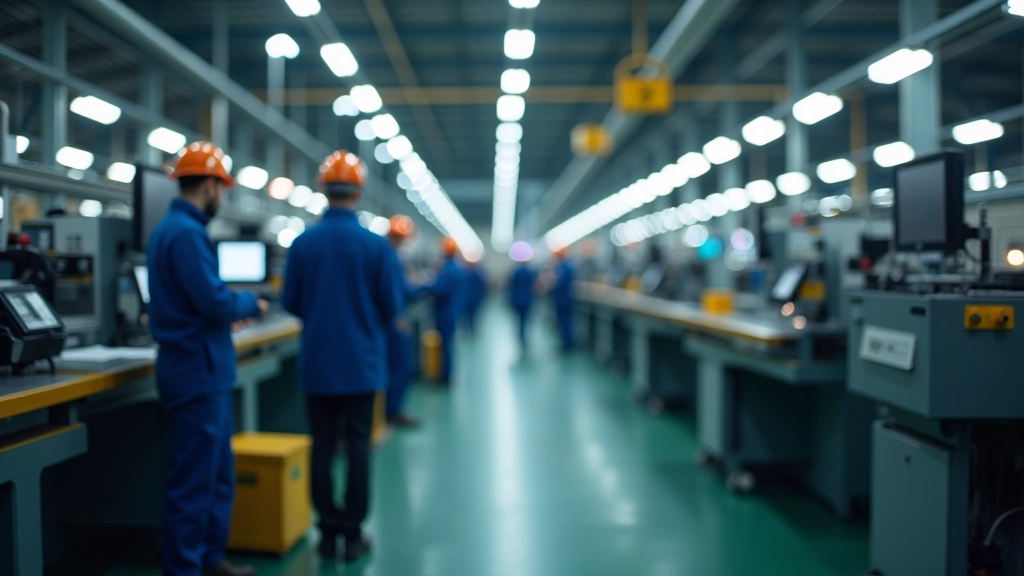 Atelier de production avec chaîne d'assemblage en activité, machines fonctionnant à pleine capacité, ouvriers en uniforme de travail