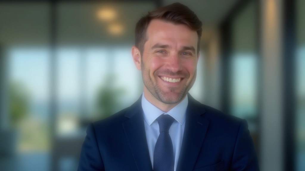 Directeur analytique, portrait professionnel en costume, sourire confiant, bureau moderne, lumière naturelle