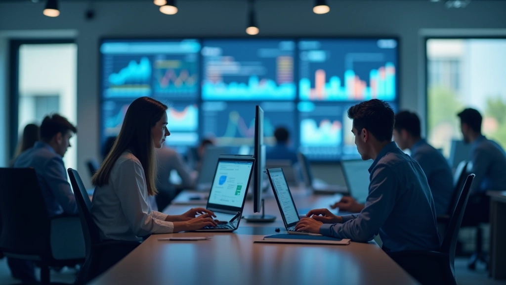 Bureau moderne avec graphiques affichés sur écran, tableaux de données sur le mur, professionnels travaillant à leur bureau