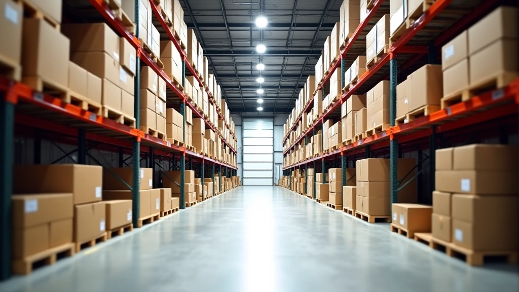 Entrepôt moderne avec rayonnages remplis de boîtes et palettes, éclairage industriel, vue d'ensemble montrant l'espace de stockage
